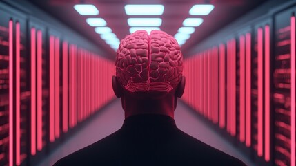 Poster - A futuristic figure with a transparent brain stands in a tech-filled corridor illuminated by vibrant red lights.