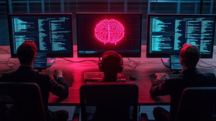 Poster - A dimly lit room with three individuals monitoring multiple screens displaying code and a glowing brain graphic, suggesting a focus on technology or cybersecurity.