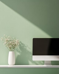 Poster - Minimalist Desktop Computing Sleek Metal and Glass Setup on Mint Surface for Tech-Savvy Professionals - Streamlined Modern Workspace Enhancing Productivity in Contemporary Business Environments