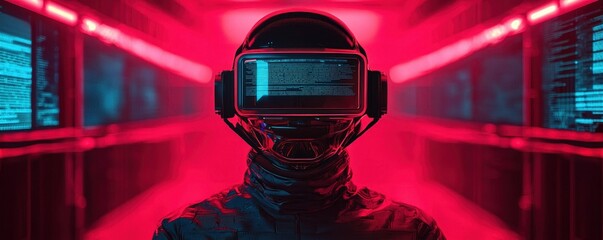 Poster - A futuristic figure wearing a VR headset stands in a neon-lit corridor, embodying advanced technology and immersive experiences.