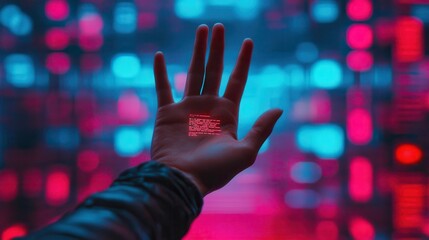 Poster - A hand reaches out against a vibrant, illuminated backdrop of red and blue lights, creating a futuristic and digital atmosphere.