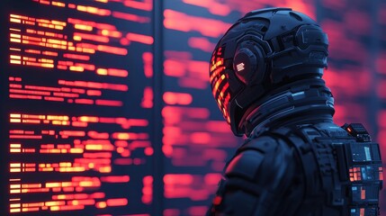 Poster - A futuristic astronaut examines a glowing digital screen filled with data, set against a backdrop of vibrant red and blue lights.