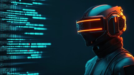 Poster - A futuristic figure wearing a sleek helmet with glowing accents, set against a backdrop of digital data streams, embodying technology and innovation.