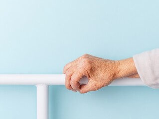 Poster - Modern Senior Mobility Aid Design Close-Up of Textured White Handle Against Minimalist Blue - Empowerment in Elderly Care Marketing and Independence Solutions