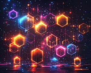 Poster - Glowing neon hexagons and lines on dark background.