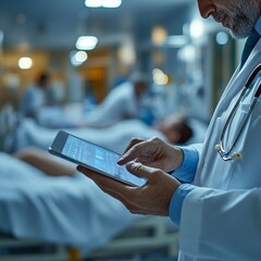 Poster - Digital Healthcare Interface Doctor Using Tablet in Softly Lit Hospital Ward Precision Medicine and Patient Care for Modern Medical Environments