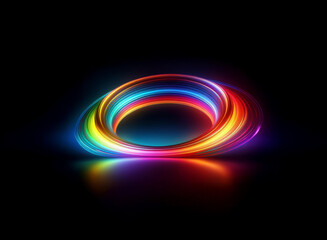 Poster - vibrant, multicolored light trails form glowing concentric rings on a reflective black surface. the 