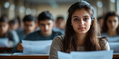 Aufkleber - Modern Educational Focus Diverse Indian Students in Bright Hall - Competitive Government Exams and Career Pathways in Youth-Oriented Academic Spaces