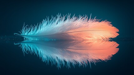 Poster - Elegant feather floating on a serene surface with vibrant colors reflecting during a calm evening. Generative AI