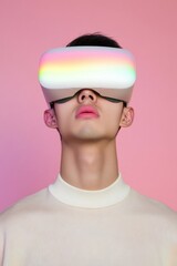 Fototapete - Immersive Tech Adventures Young Asian Adult in Colorful AR Glasses Examining Futuristic Displays - Digital Entertainment and Interactive Experience Innovation