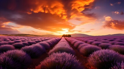 Poster - Glowing golden sunrise illuminating a serene field of vibrant purple lavender blossoms in a tranquil pastoral countryside landscape  Soft dreamy and ethereal natural background