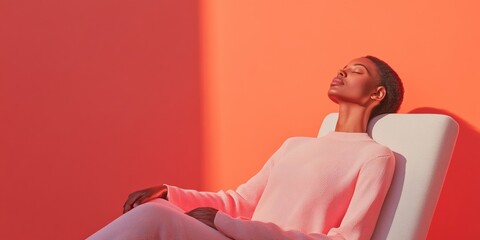 Poster - colorful serenity contemporary lounge meditation with woman in soft knitwear - mental wellbeing stoc