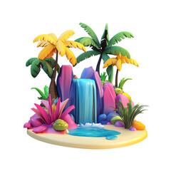 Wall Mural - tropical scene featuring waterfall, lush plants, and colorful rocks