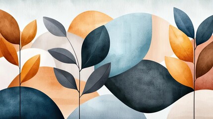 Poster - Rustic watercolor concept. Abstract illustration featuring colorful leaves and shapes for modern decor.
