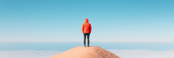 Poster - Trailblazing Adventure Solo Hiker in Vibrant Gear on Coastal Cliff - Rugged Terrain and Ocean Views for Dynamic Travel Marketing in Modern Adventure Tourism