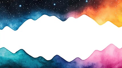 Poster - Starry watercolor idea. Vibrant abstract landscape with colorful waves and a starry sky background.