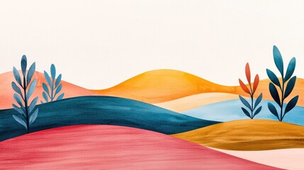 Poster - Rustic watercolor concept. A colorful abstract landscape featuring vibrant hills and artistic foliage.