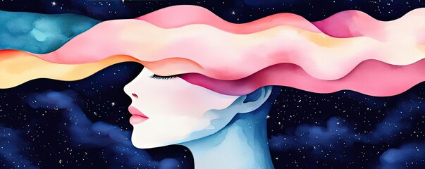 Poster - Starry watercolor idea. A serene illustration depicting abstract thoughts and emotions flowing through the mind.