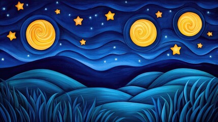 Aufkleber - Starry watercolor idea. A tranquil night scene featuring rolling hills and bright stars in a deep blue sky.