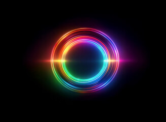 Poster - vibrant, concentric neon rings glow brightly against a stark black background. the inner circle is a