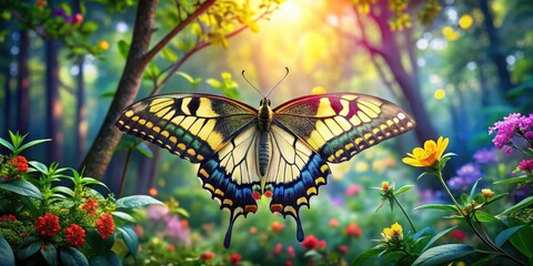 Wall Mural - A Majestic Swallowtail Butterfly in a Vibrant Floral Paradise, Bathed in Golden Sunlight