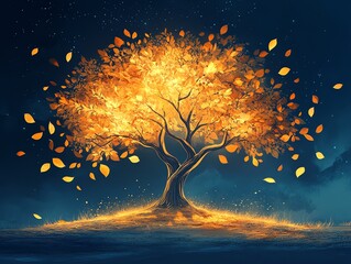 Wall Mural - Glowing Golden Tree: A Nighttime Autumnal Masterpiece