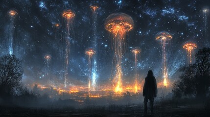 Poster - Mysterious glowing jellyfish-like entities illuminate the night sky above a tranquil landscape. Generative AI