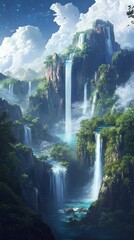 Wall Mural - Majestic waterfalls cascade down lush green mountain cliffs