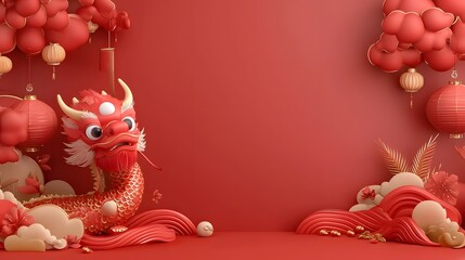 Aufkleber - Vibrant 3D of a Traditional Chinese Dragon Head in Bold Red and Gold Tones Surrounded by Swirling Red Clouds and Golden Waves Against a Warm Red Orange Background