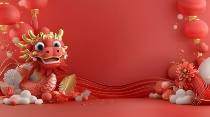 Aufkleber - Ornate 3D Chinese Dragon Head Adorned with Gold Details and Surrounded by Abstract Red Waves and Light Trails Exuding a Festive Chinese New Year Theme