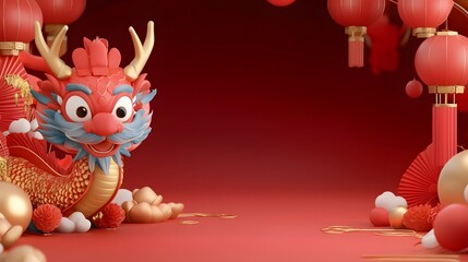 Aufkleber - Captivating 3D showcasing a Chinese dragon head design featuring intricate gold red and blue patterns glowing effects and a vibrant abstract red and gold background