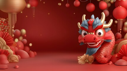 Aufkleber - Dynamic 3D of a Chinese dragon head featuring intricate gold red and blue patterns glowing effects and a festive background of abstract red and gold designs