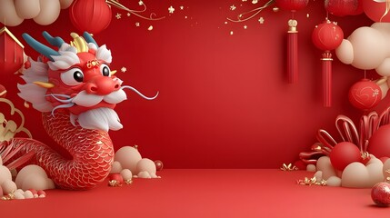 Aufkleber - Majestic Chinese Dragon Head with Bold Red Gold and Blue Tones Fluffy Accents and a Background of Festive Patterns and Glowing Clouds   A Powerful Symbol of Chinese Culture and Tradition