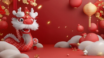Aufkleber - 3D Chinese Dragon Head with Detailed Features Fluffy White Fur and Golden Light Trails Celebrating the Vibrant Spirit of Chinese New Year Festival