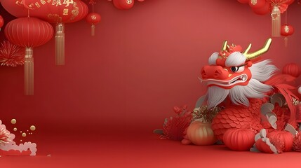 Aufkleber - Vibrant and intricate Chinese dragon head in bold colors with glowing effects surrounded by festive elements such as lanterns on a rich red orange gradient background
