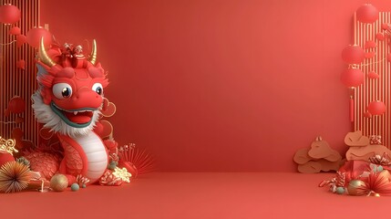 Aufkleber - Captivating and intricately detailed 3D dragon head design featuring bold colors festive motifs and glowing light trails set against a warm red gradient background