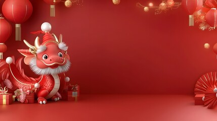 Aufkleber - Intricately detailed and vibrant 3D of a fantastical dragon head with bold colors festive motifs and glowing light trails set against a warm red gradient background