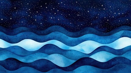 Poster - Starry watercolor idea. A serene watercolor painting of flowing ocean waves under a starry night sky.