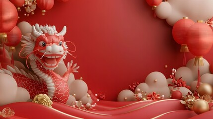 Aufkleber - Vibrant and festive Chinese dragon head surrounded by swirling clouds golden waves and glowing details on a rich celebratory backdrop  This mythical creature represents tradition luck