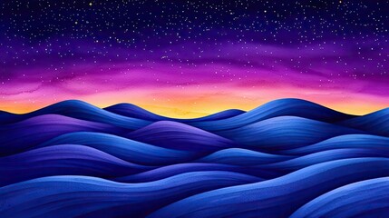 Poster - Starry watercolor idea. A mesmerizing blend of rolling waves and a vivid night sky filled with stars.