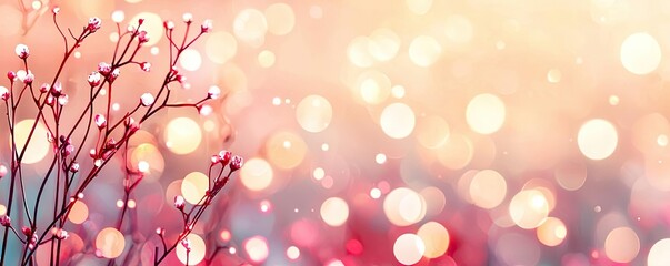 Poster - Splattered watercolor idea. Delicate twigs adorned with small flowers and soft bokeh in a dreamy pastel setting.