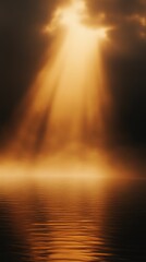Wall Mural - Golden Light Rays over Calm Waters: A Serene, Atmospheric Scene