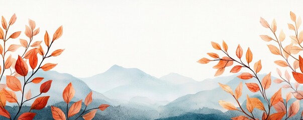 Poster - Rustic watercolor concept. Beautiful watercolor landscape with autumn leaves and misty mountains in the background.
