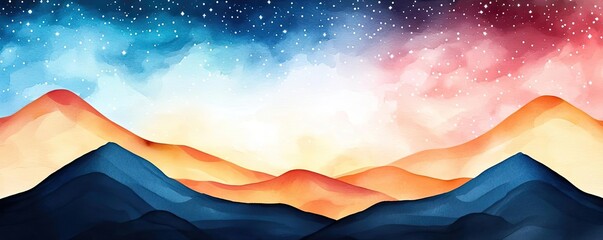 Aufkleber - Starry watercolor idea. Stunning watercolor landscape with vibrant mountains and starry night sky.