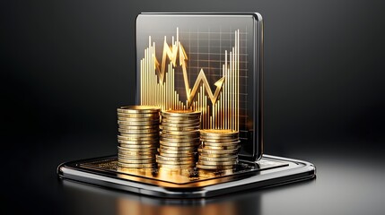 Aufkleber - Futuristic 3D financial charts and graphs with glowing arrows showcasing data market trends investment performance and overall business growth and wealth progress