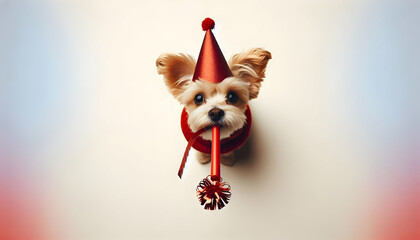 Birthday A top-down view of a small dog wearing a red collar and red party hat, holding a party blower in its4