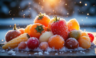 Wall Mural - Colorful fruits dusted with snowflakes