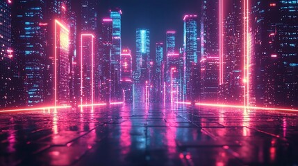 Poster - Neon cityscape at night, glowing buildings, pink and blue lights, reflecting on wet ground.