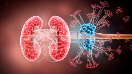 Poster - Detailed 3D medical showcasing the vibrant red tones of human kidneys alongside the yellow orange gradient adrenal glands set against a soft pink and beige background