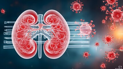 Poster - Detailed 3D medical of human kidneys in vibrant red tones with adrenal glands highlighted in warm yellow orange gradient  Conceptual image for healthcare biology and medical research